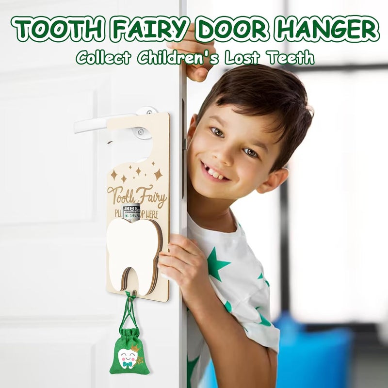 AINBIN Tooth Fairy Door Hanger, Tooth Fairy Kit Tooth Holder with Money Slot, Keepsake Bottle & Burlap Pouch for Lost Teeth, Encourage Gift for Boys Girls (Green) - Image 2
